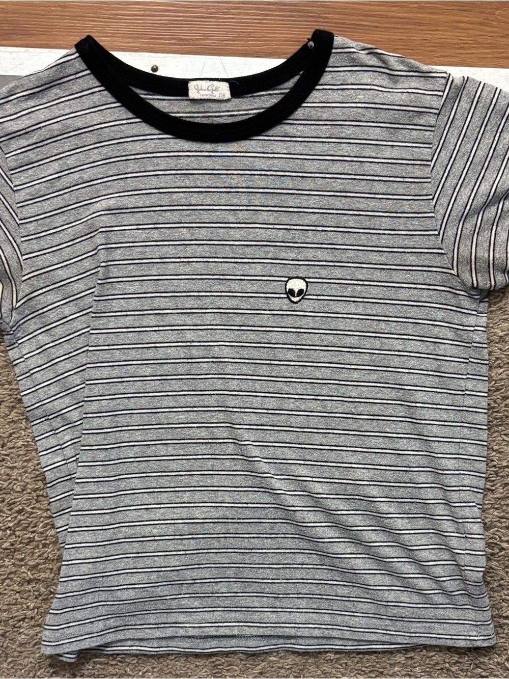 Brandy Melville x John Gault Striped Grey & Black Tee Alien Patch Woman’s XS